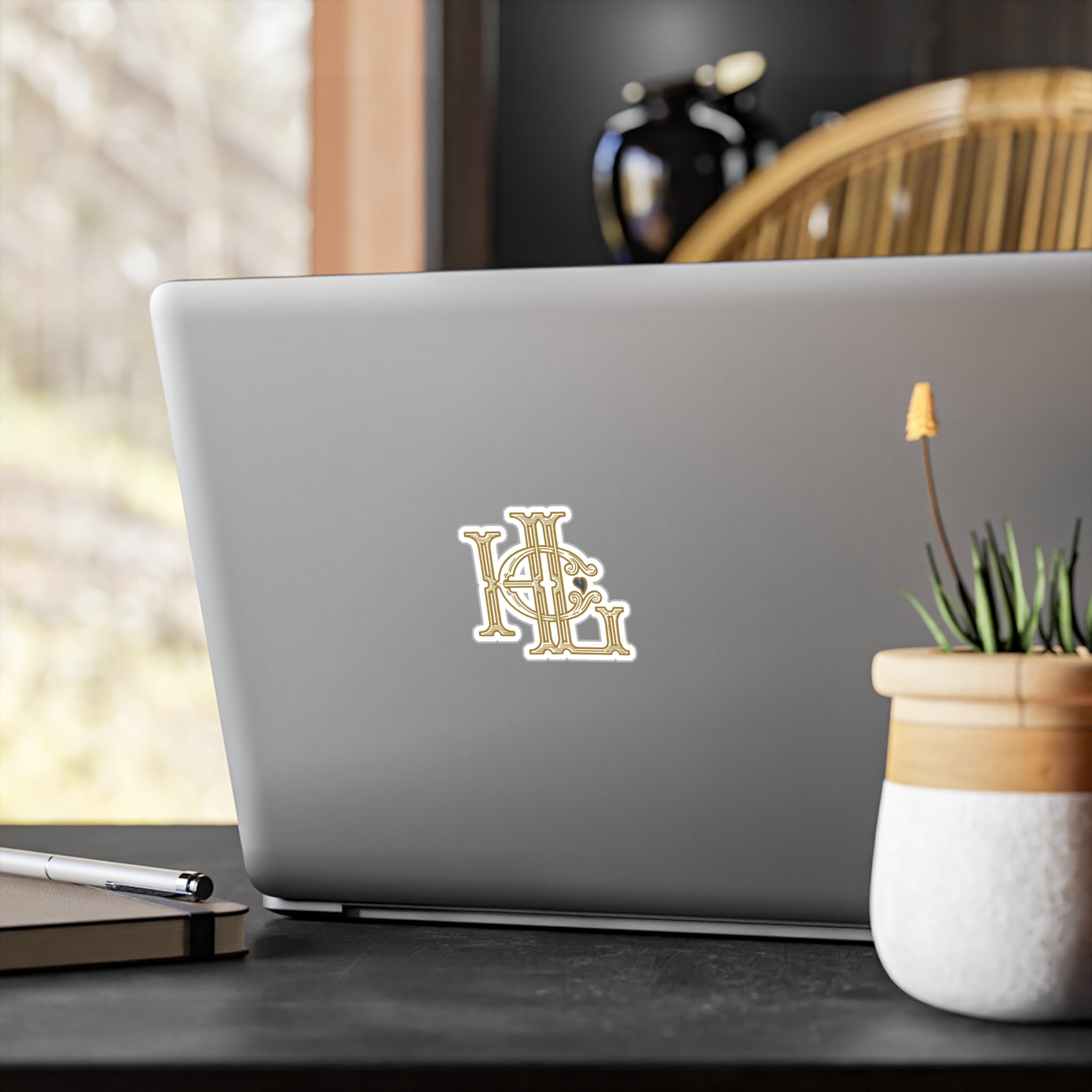 HLC Monogram Gold Die-Cut Vinyl Sticker — Vintage Engraved Emblem with Blue Heart