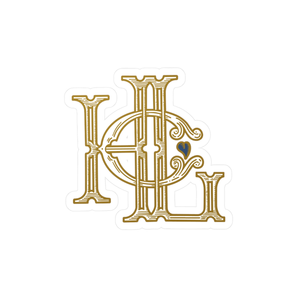 HLC Monogram Gold Die-Cut Vinyl Sticker — Vintage Engraved Emblem with Blue Heart