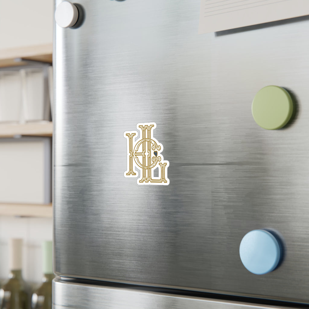 HLC Monogram Gold Die-Cut Vinyl Sticker — Vintage Engraved Emblem with Blue Heart