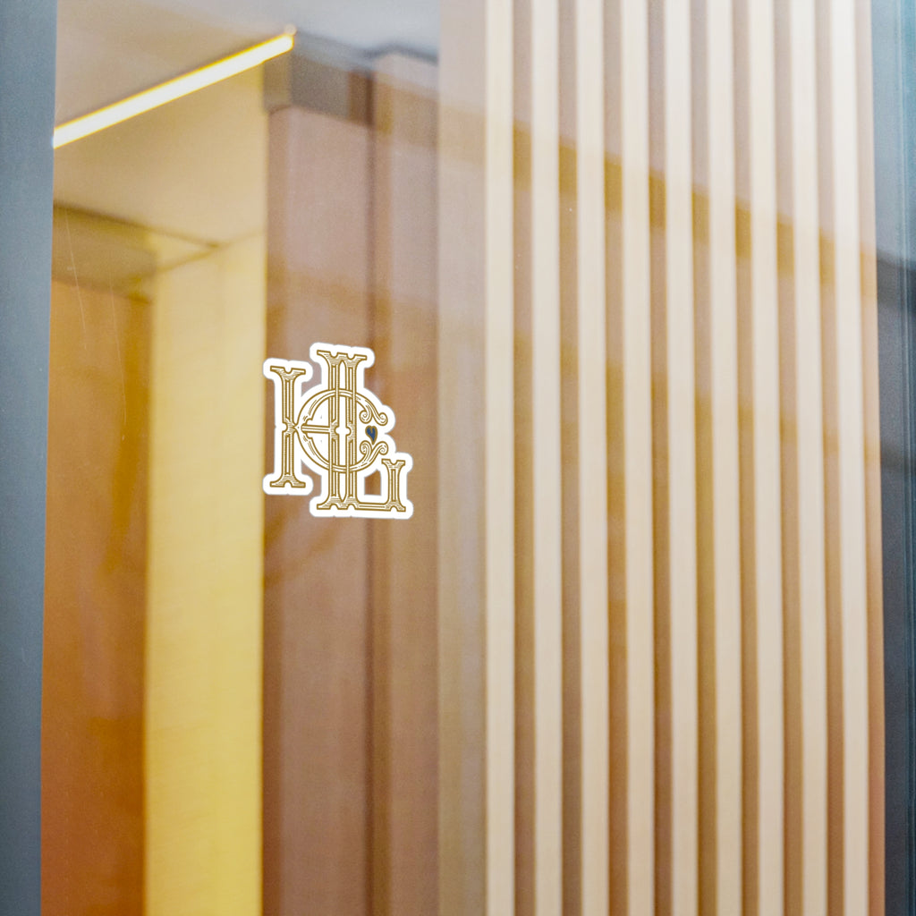 HLC Monogram Gold Die-Cut Vinyl Sticker — Vintage Engraved Emblem with Blue Heart